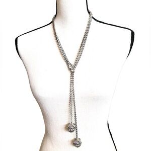 Wow! Double Strand Very Long Icy Rhinestone Chains Silver Tone Orbs Hook Clasp